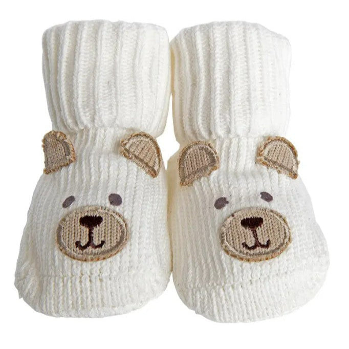 Pair of white baby booties with bear face design on a white background