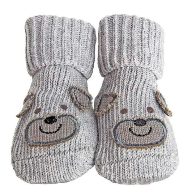 Pair of gray baby booties with bear face design on a white background