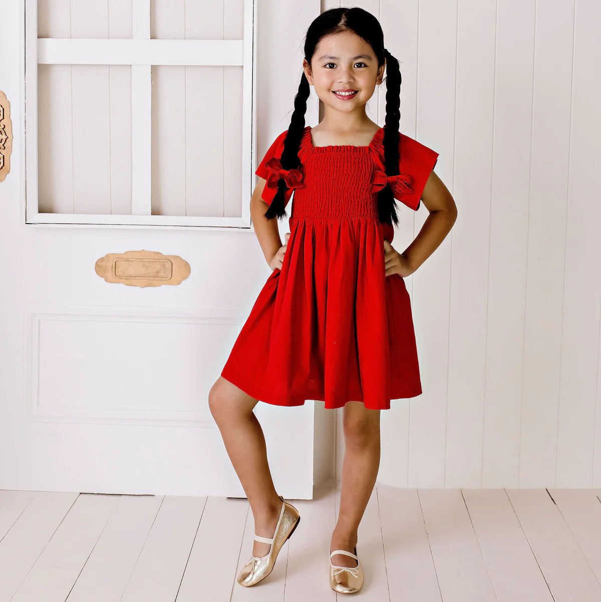 "Christmas" - Designer Kidz Elly Puff Sleeve Dress - Red
