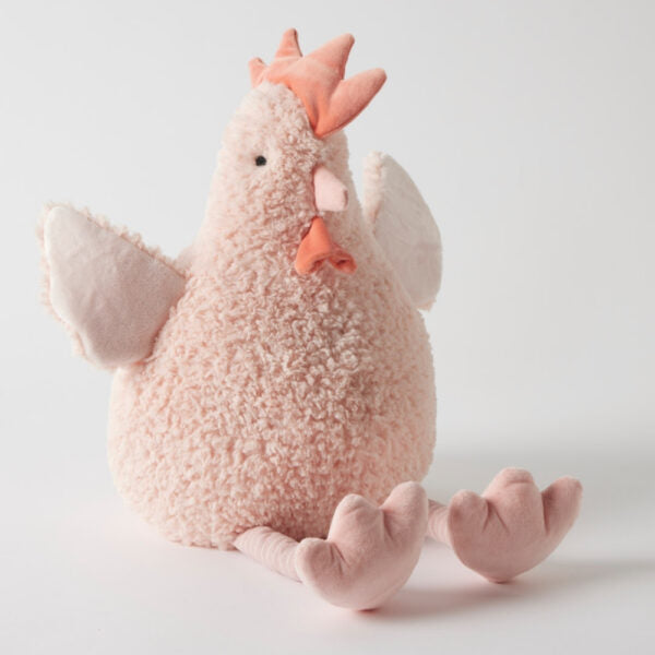 Plush chicken toy on a light gray background