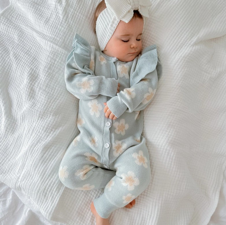 "Blossom & Pear" - Blue Daisy Knit Romper