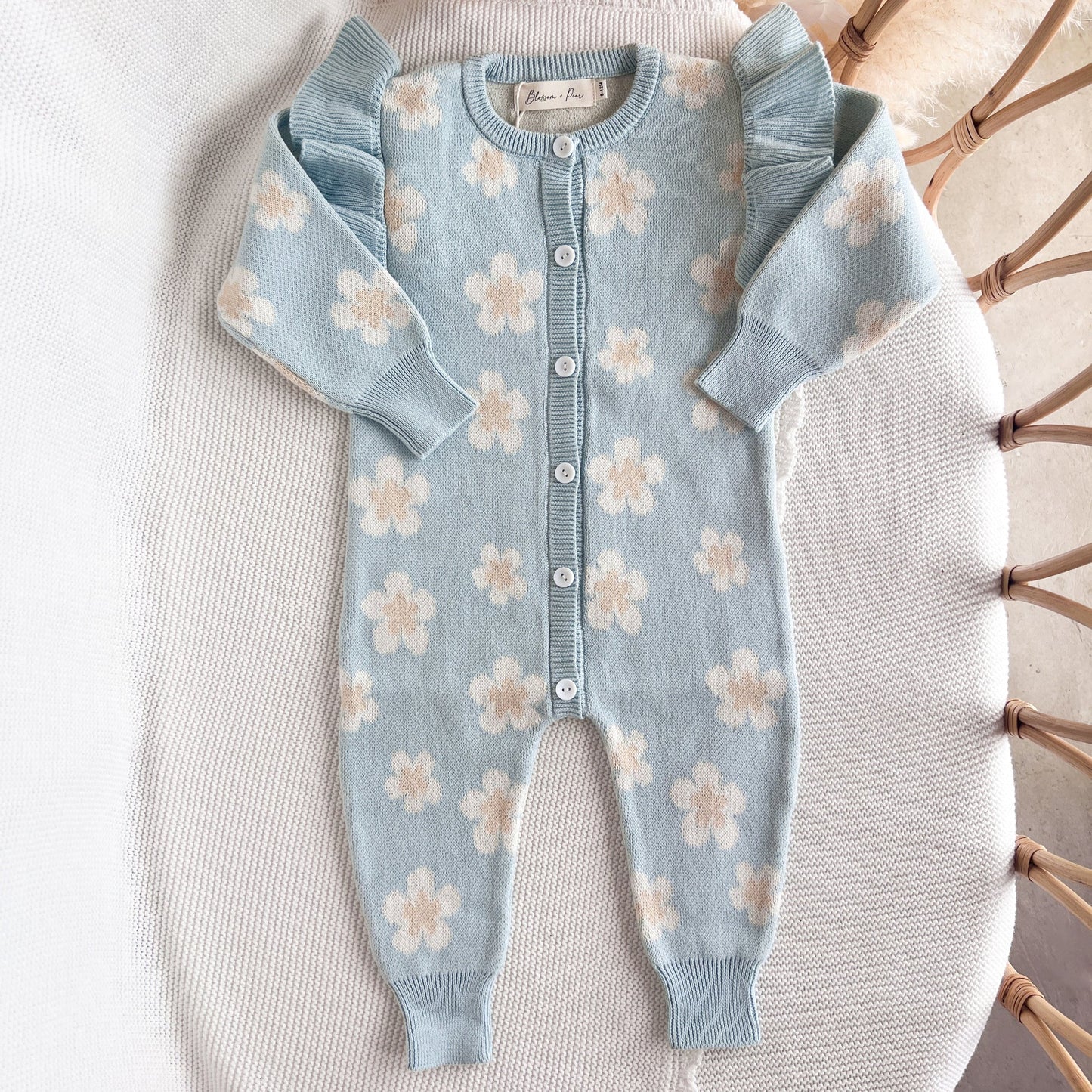 "Blossom & Pear" - Blue Daisy Knit Romper