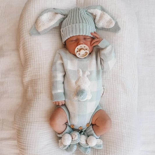 "Indigo Dreams" - Gingham Bunny Romper - Powder Blue