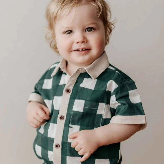 "Christmas" - Bencer & Hazelnut Green Gingham Collared Romper/Shirt