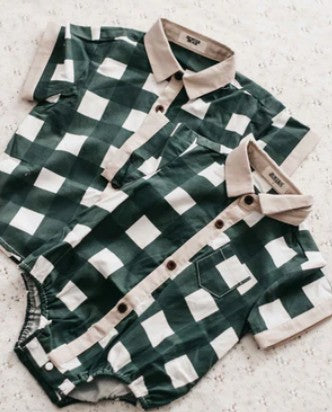 "Christmas" - Bencer & Hazelnut Green Gingham Collared Romper/Shirt