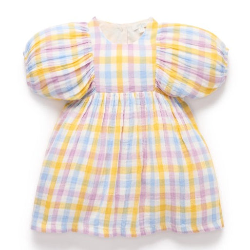 "Purebaby" - Lila Check Gathered Dress