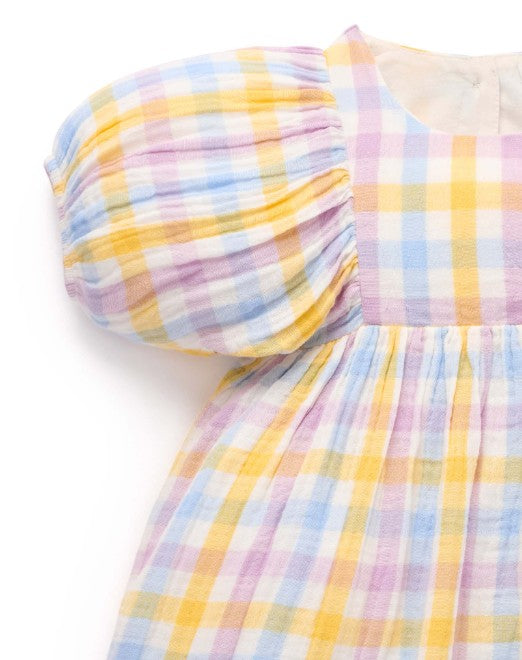 "Purebaby" - Lila Check Gathered Dress