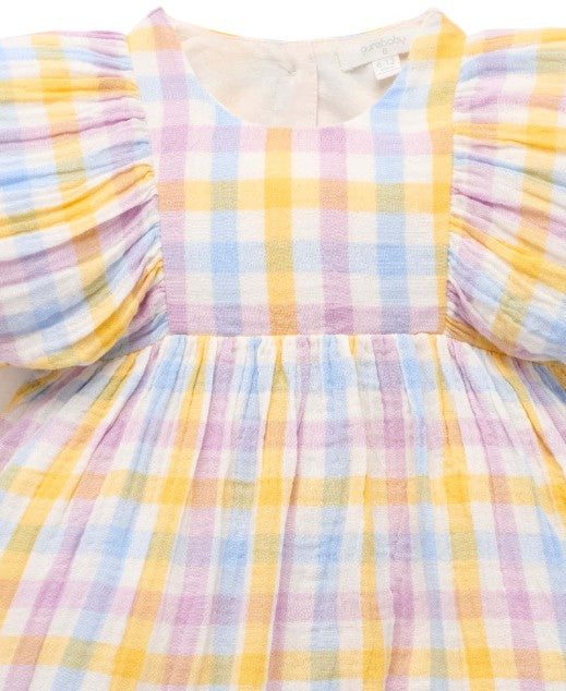 "Purebaby" - Lila Check Gathered Dress