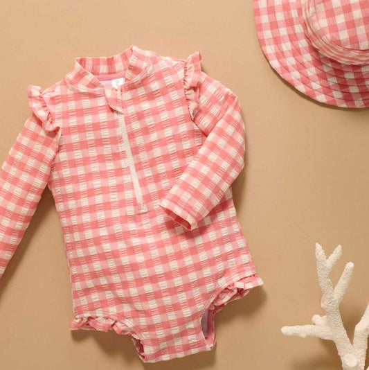 "Purebaby" - L/S Swimsuit - Pomegranate Gingham