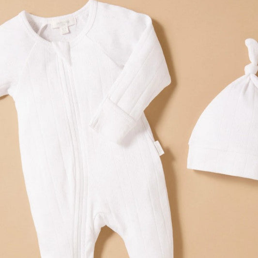 "Purebaby" - Premie Pointelle Growsuit & Beanie Set - 3kg (00000)