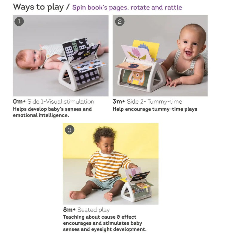 Product display with baby toys and text on ways to play with them