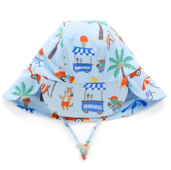 Colorful bucket hat with ice cream truck and palm tree design on a white background