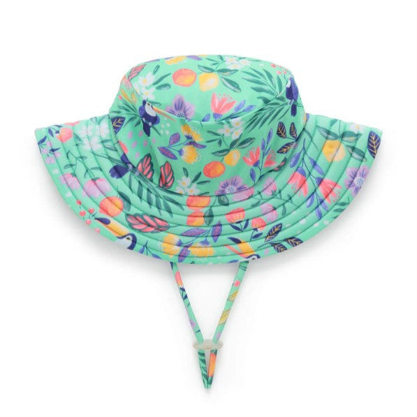 Colorful floral-patterned sun hat on a white background
