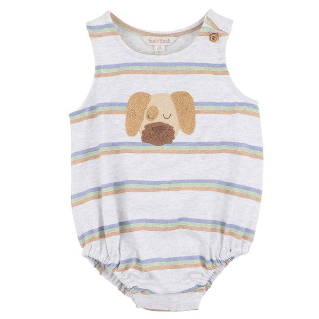 Striped baby romper with a dog design on a white background